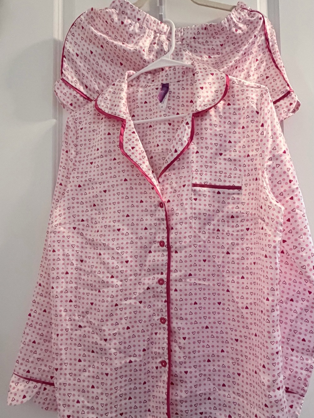 Adore Me Pink Heart-Print Pajama Set with Fuchsia Trim